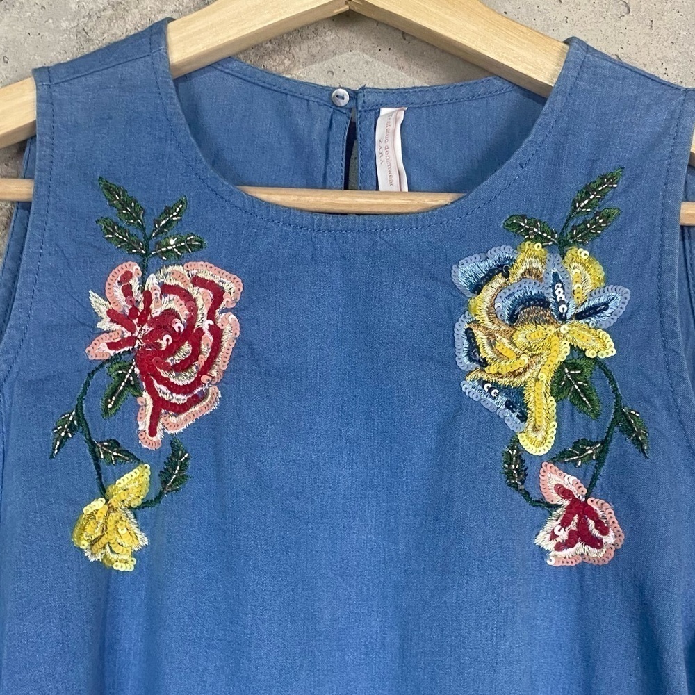 Zara blue chambray floral embroidered boho cold shoulder shift dress medium - Picture 4 of 9